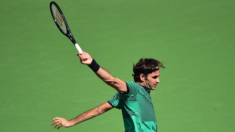 Roger Federer follows through on a backhand during a semifinal match at the BNP Paribas Open on Saturday, March 8. Federer <a href="index.php?page=&url=http%3A%2F%2Fwww.cnn.com%2F2017%2F03%2F20%2Ftennis%2Froger-federer-stan-wawrinka-indian-wells%2F" target="_blank">went on to win the tournament,</a> his fifth title at Indian Wells.