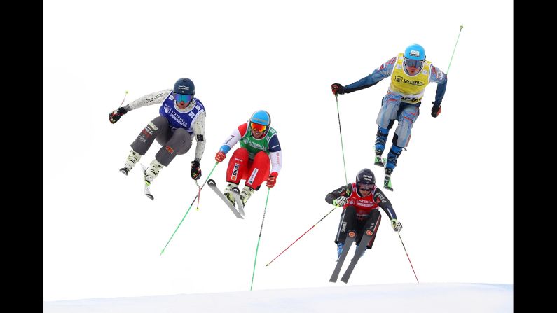 Ski cross athletes race at the World Championships in Sierra Nevada, Spain, on Saturday, March 18.