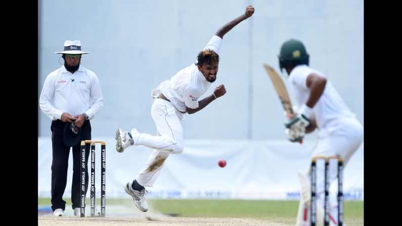 Sri Lankan cricketer Suranga Lakmal delivers the ball during a Test match against Bangladesh on Friday, March 17. Bangladesh won by four wickets.