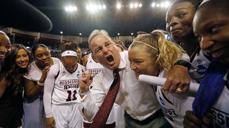 Mississippi State head coach Vic Schaefer expresses pride in his team following its NCAA Tournament win over DePaul on Sunday, March 19. The Bulldogs advanced to the Sweet Sixteen with their school-record 31st win of the season.