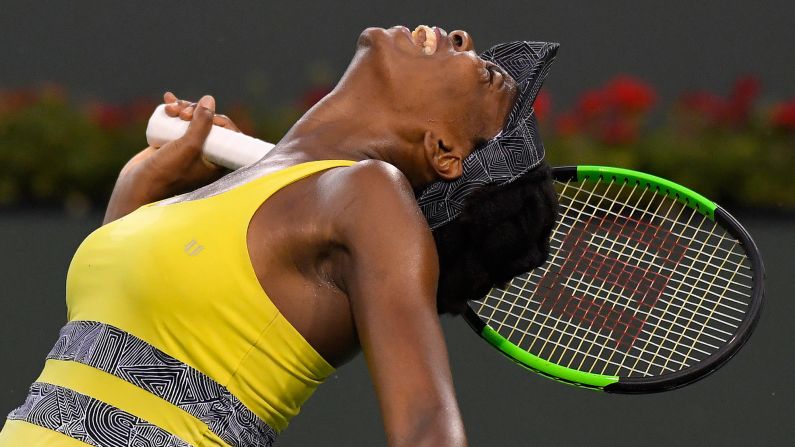 Venus Williams reacts after losing a point at the BNP Paribas Open on Thursday, March 16. Williams lost the quarterfinal match to Elena Vesnina, who would go on to win the tournament in Indian Wells, California.