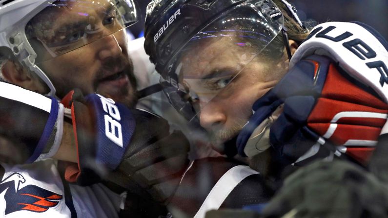 Washington forward Alexander Ovechkin, left, scuffles with Tampa Bay defenseman Victor Hedman during an NHL hockey game on Saturday, March 18.