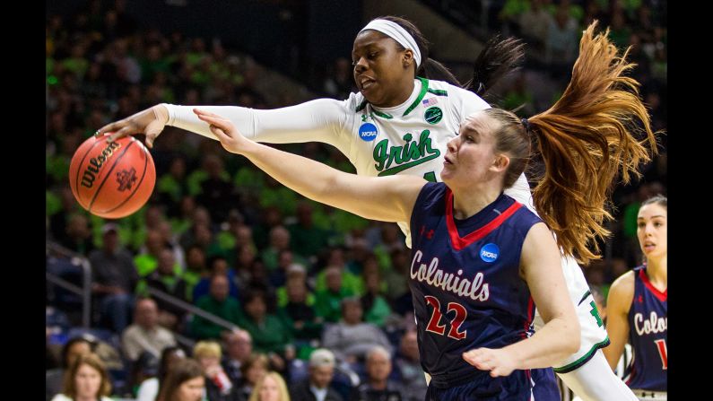 Notre Dame's Arike Ogunbowale, top, knocks the ball away from Robert Morris' Megan Smith during the first round of the NCAA Tournament on Friday, March 17. Ogunbowale scored 15 points in the Fighting Irish's 79-49 victory.