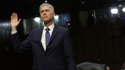 WASHINGTON, DC - MARCH 20: Judge Neil Gorsuch is sworn in during the first day of his Supreme Court confirmation hearing before the Senate Judiciary Committee in the Hart Senate Office Building on Capitol Hill March 20, 2017 in Washington, DC. Gorsuch was nominated by President Donald Trump to fill the vacancy left on the court by the February 2016 death of Associate Justice Antonin Scalia. 