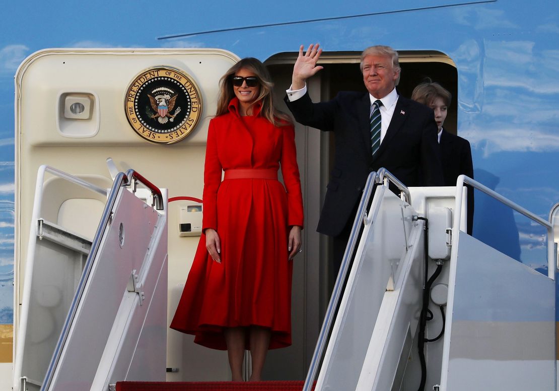 President Donald Trump, first lady Melania Trump and their son Barron arrive on Air Force One at the Palm Beach International Airport to spend part of the weekend at Mar-a-Lago resort on March 17, 2017 in West Palm Beach, Florida.