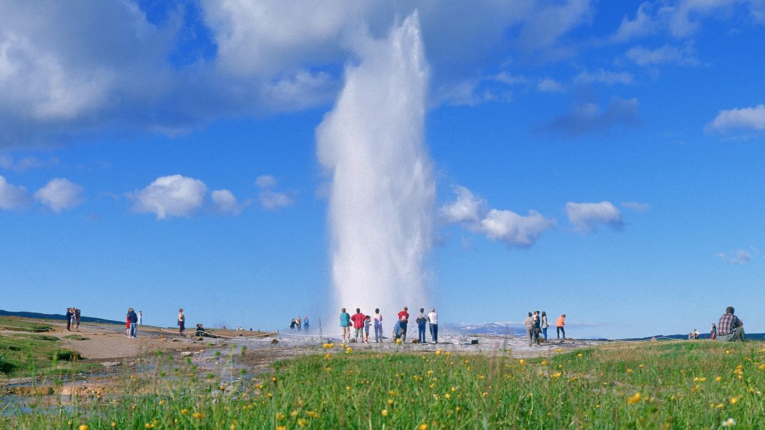 <strong>Haukadalur:</strong> Haukadalur is home to Strokkur, a hot spring that erupts every five to 10 minutes. There are about 40 smaller hot springs and mud pots nearby. 