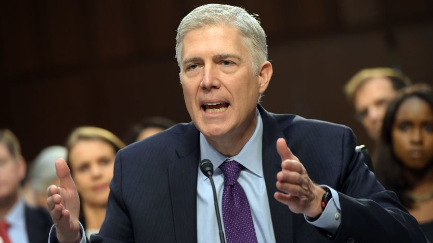 Neil M. Gorsuch testifies before the Senate Judiciary Committee on his nomination to be an associate justice of the US Supreme Court during a hearing in the Hart Senate Office Building in Washington, DC on March 21, 2017. / AFP PHOTO / MANDEL NGAN        (Photo credit should read MANDEL NGAN/AFP/Getty Images)