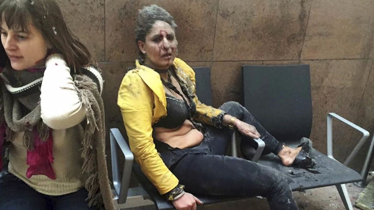 In this file photo, Nidhi Chaphekar, right, and another unidentified woman are shown after being wounded following explosions at Brussels Airport in Belgium in March 2016.