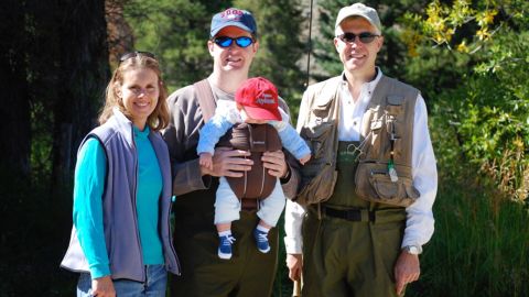 Gorsuch and his wife pose for a photo with their friend Michael Trent and Trent's oldest son during a fishing trip near Granby, Colorado, in September 2008. Gorsuch is godfather to both of the Trent family's sons.