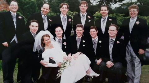 Groomsmen pose for a photograph with Gorsuch and his wife at their wedding in England in 1996.