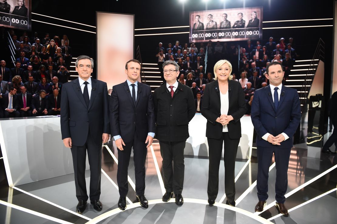 French presidential election candidates (left to right) Francois Fillon, Emmanuel Macron, Jean-Luc Melenchon, Marine Le Pen, Benoit Hamon.