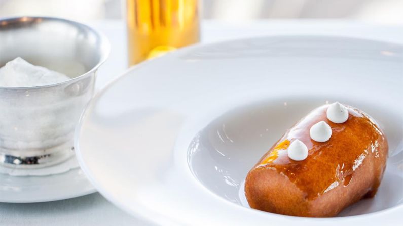 <strong>Rum baba with Armagnac, Le Jules Verne: </strong>One standout of Le Jules Verne's six-course dinner menu is the classic dessert of rum baba with Armagnac and lightly whipped cream.<br />