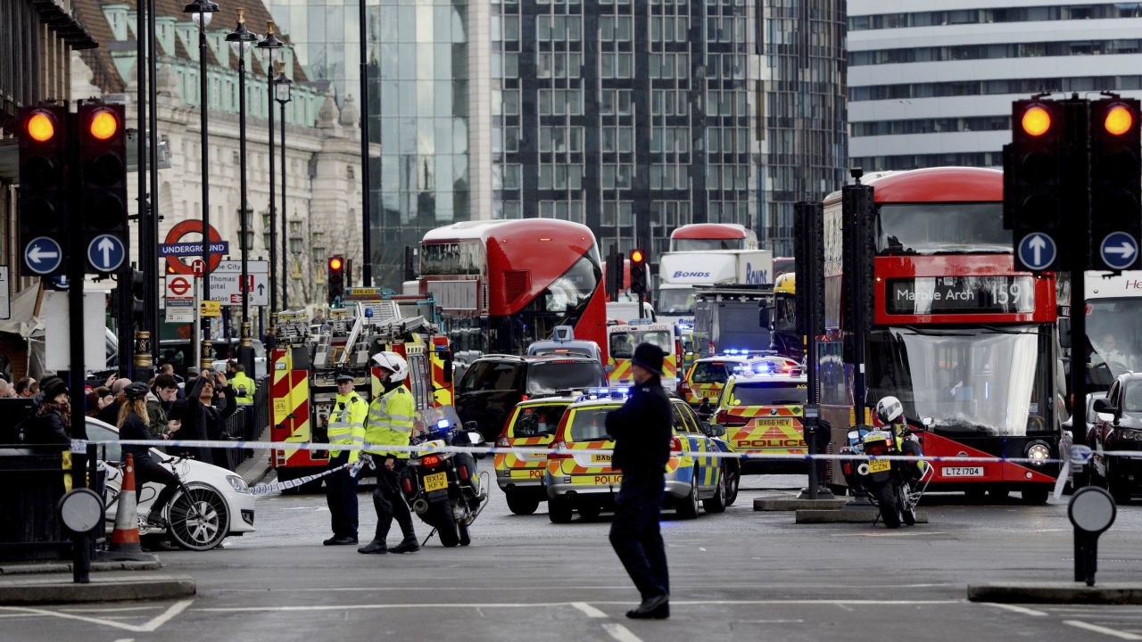 Police close off the area near the Houses of Parliament in London.