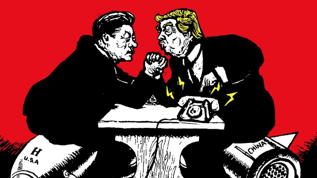 This cartoon by Badiucao depicts Chinese President Xi Jinping and US President Donald Trump wrestling over the issue of Taiwan.
