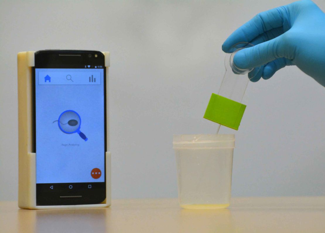 A disposable kit collects samples for insertion into the casing placed around the smartphone.