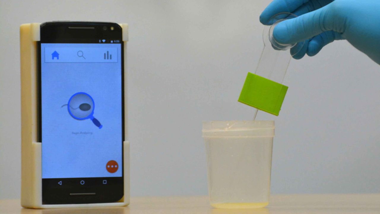A disposable kit collects samples for insertion into the casing placed around the smartphone.