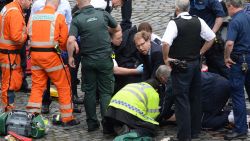 Conservative Member of Parliament Tobias Ellwood, centre, helps emergency services attend to an injured person outside the Houses of Parliament, London, Wednesday, March 22, 2017.  London police say they are treating a gun and knife incident at Britain's Parliament "as a terrorist incident until we know otherwise." The Metropolitan Police says in a statement that the incident is ongoing. It is urging people to stay away from the area. Officials say a man with a knife attacked a police officer at Parliament and was shot by officers. Nearby, witnesses say a vehicle struck several people on the Westminster Bridge.  (Stefan Rousseau/PA via AP).