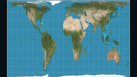 The Peters projection maps areas in their actual sizes relative to each other, but in doing so distorts their shapes.