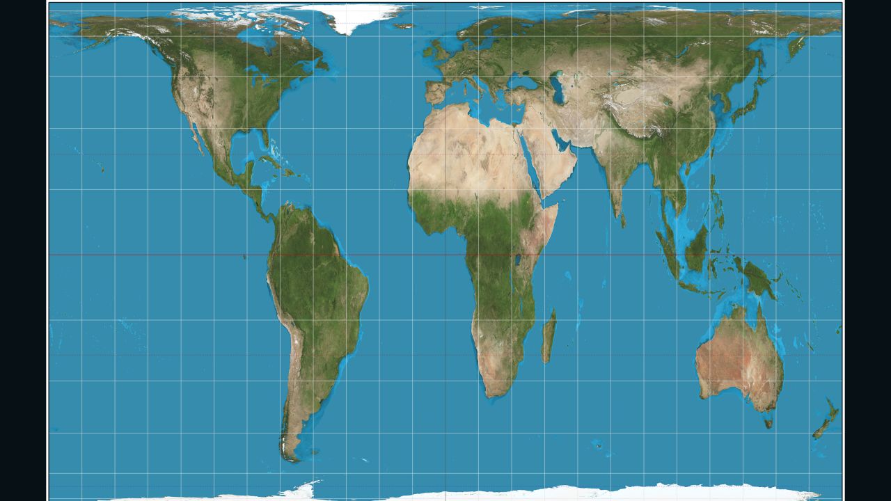 The Peters projection maps areas in their actual sizes relative to each other, but in doing so distorts their shapes.