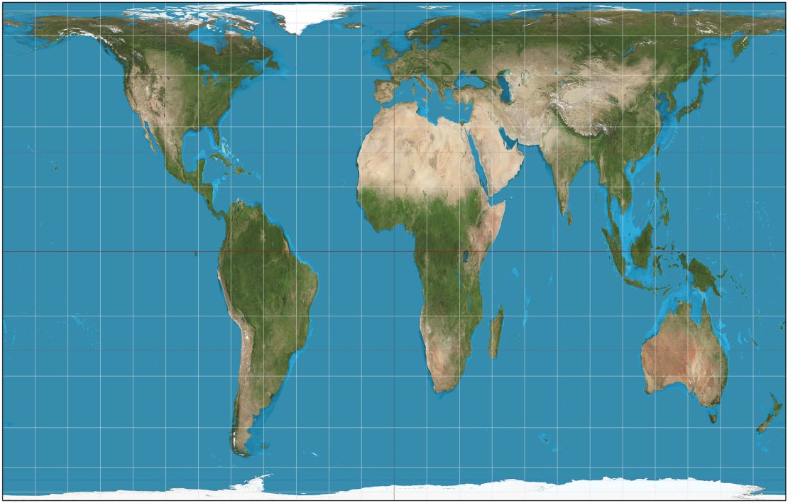 The Peters projection maps areas in their actual sizes relative to each other, but in doing so distorts their shapes.