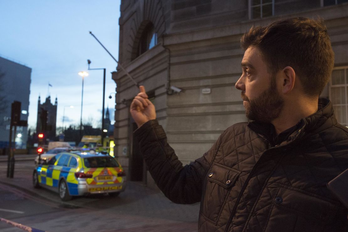 Rob Lyon gestures toward Westminster Bridge: "I stood in shock and saw carnage around me."