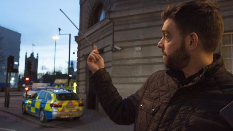 Rob Lyon gestures toward Westminster Bridge: "I stood in shock and saw carnage around me."