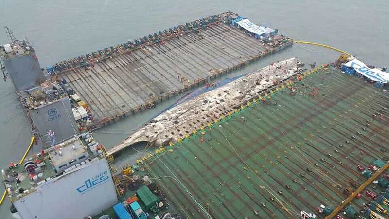 Sewol ferry lifted from water