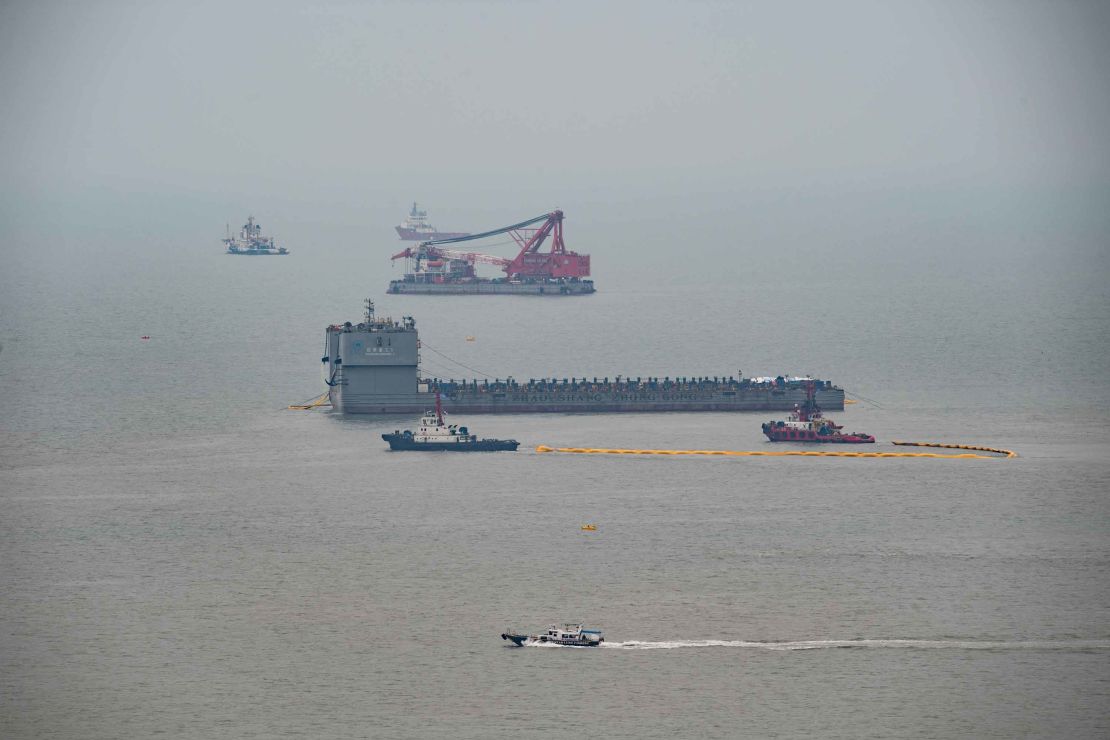 The view from Donggeochado island shows the ongoing operation to salvage the Sewol.