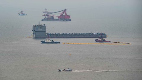 The view from Donggeochado island shows the ongoing operation to salvage the Sewol.