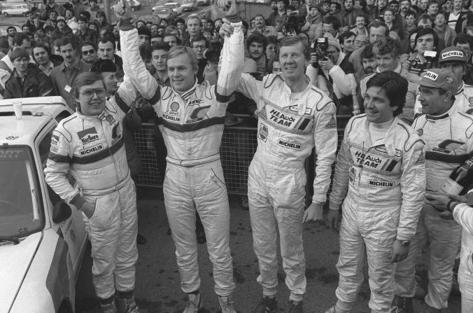 Ari Vatanen (second from left) celebrates after winning the 1985 Monte Carlo Rally. Vatanen won the 1981 World Rally Championship and the Paris Dakar Rally four times during the late 1980s and early 1990s. 