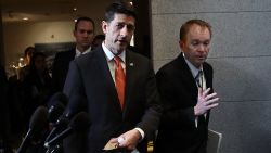 U.S. Speaker of the House Paul Ryan walks with OMB Director Mick Mulvaney to a meeting of the House Republican caucus at the U.S. Capitol March 23, 2017 in Washington, DC.