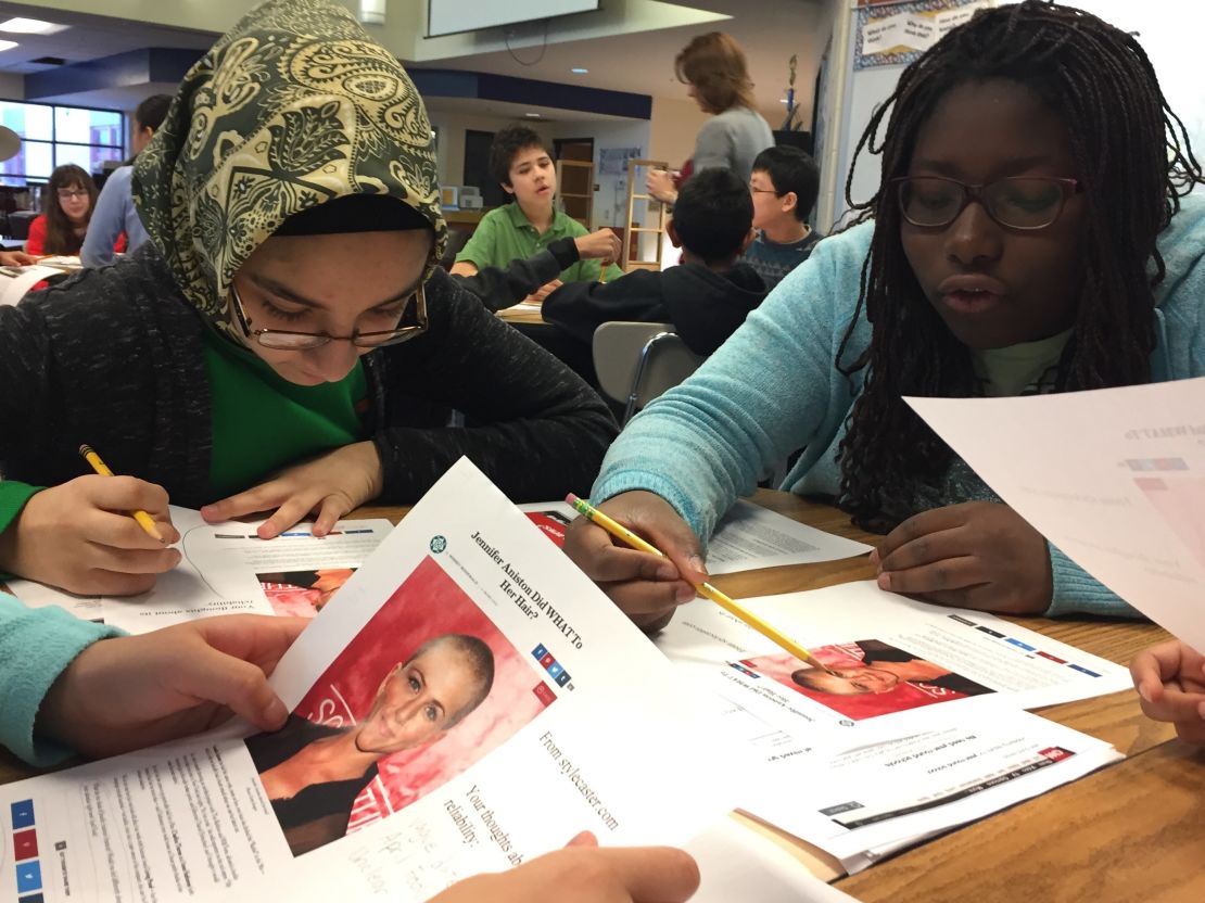 Students at Clemente Middle School in Germantown, Maryland, read a made-up story about actress Jennifer Aniston. 