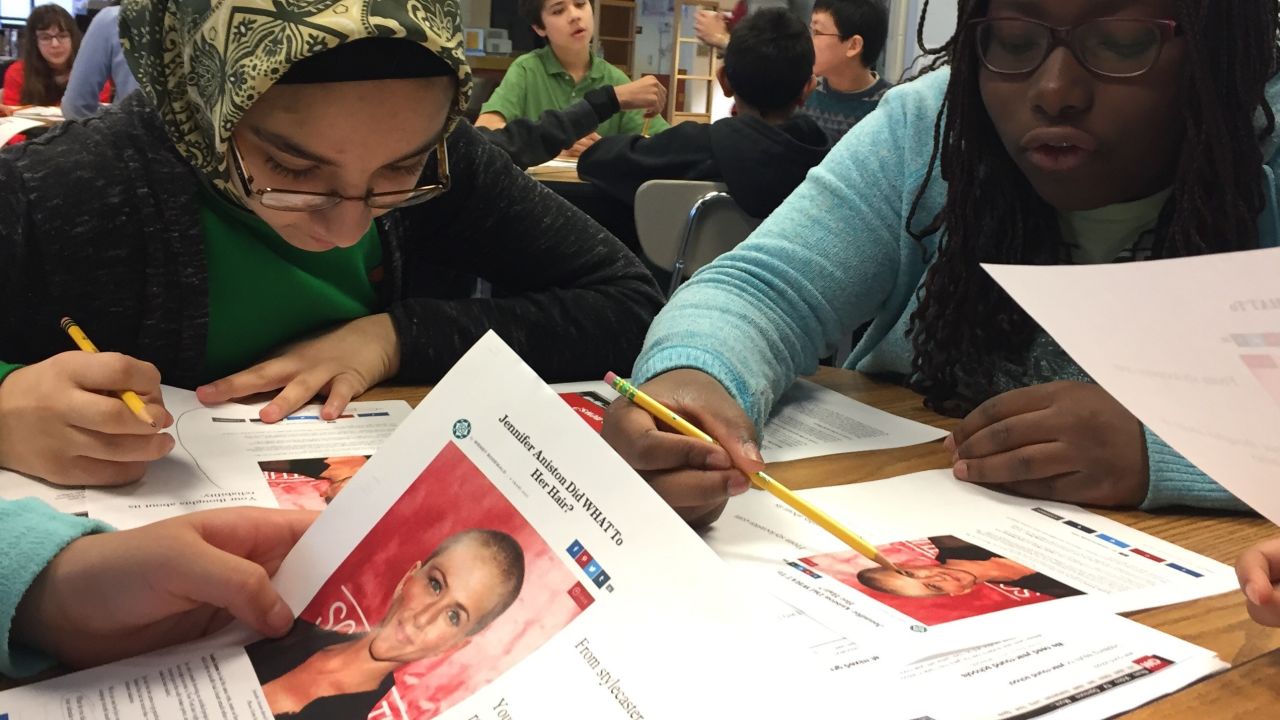 Students at Clemente Middle School in Germantown, Maryland, read a made-up story about actress Jennifer Aniston.