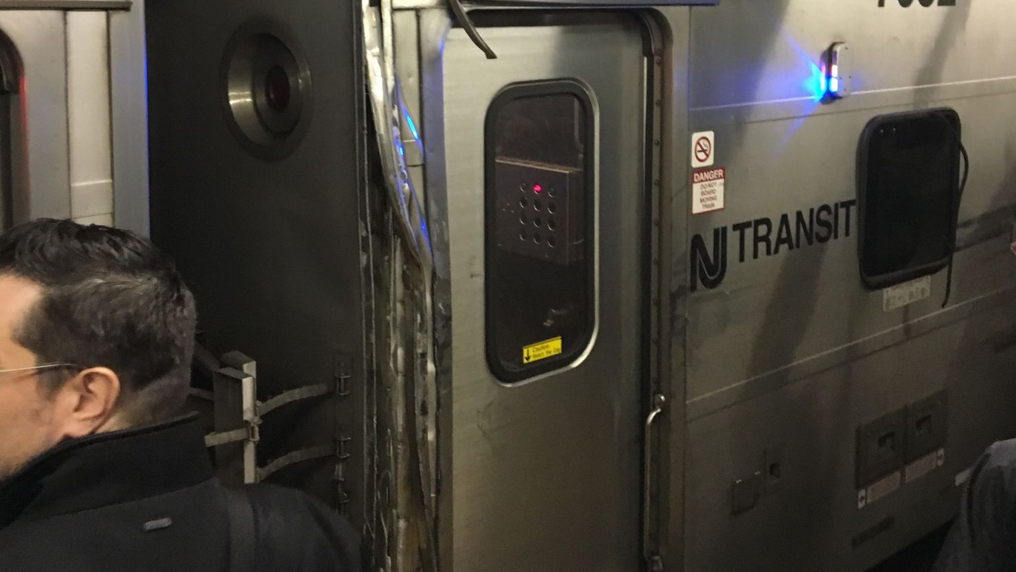 This NJ Transit train entering New York Penn Station was sideswiped by an Amtrak train, NJ Transit said.