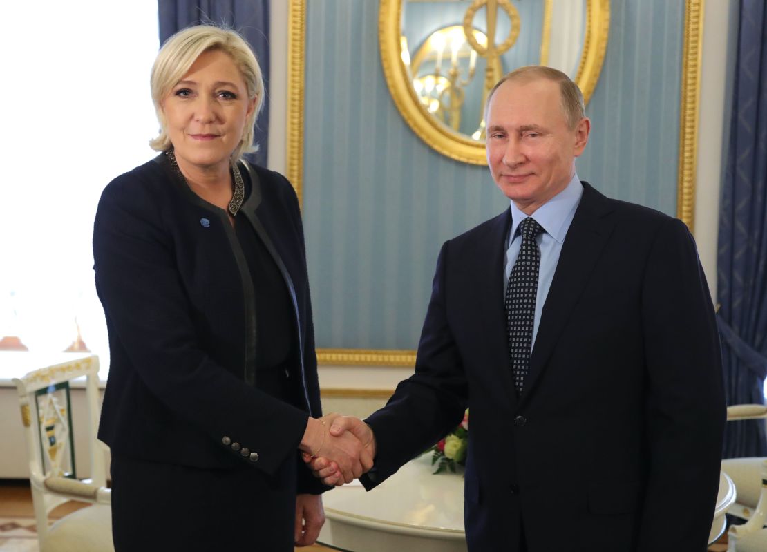 Russian President Vladimir Putin meets with Marine Le Pen at the Kremlin in Moscow on March 24, 2017.