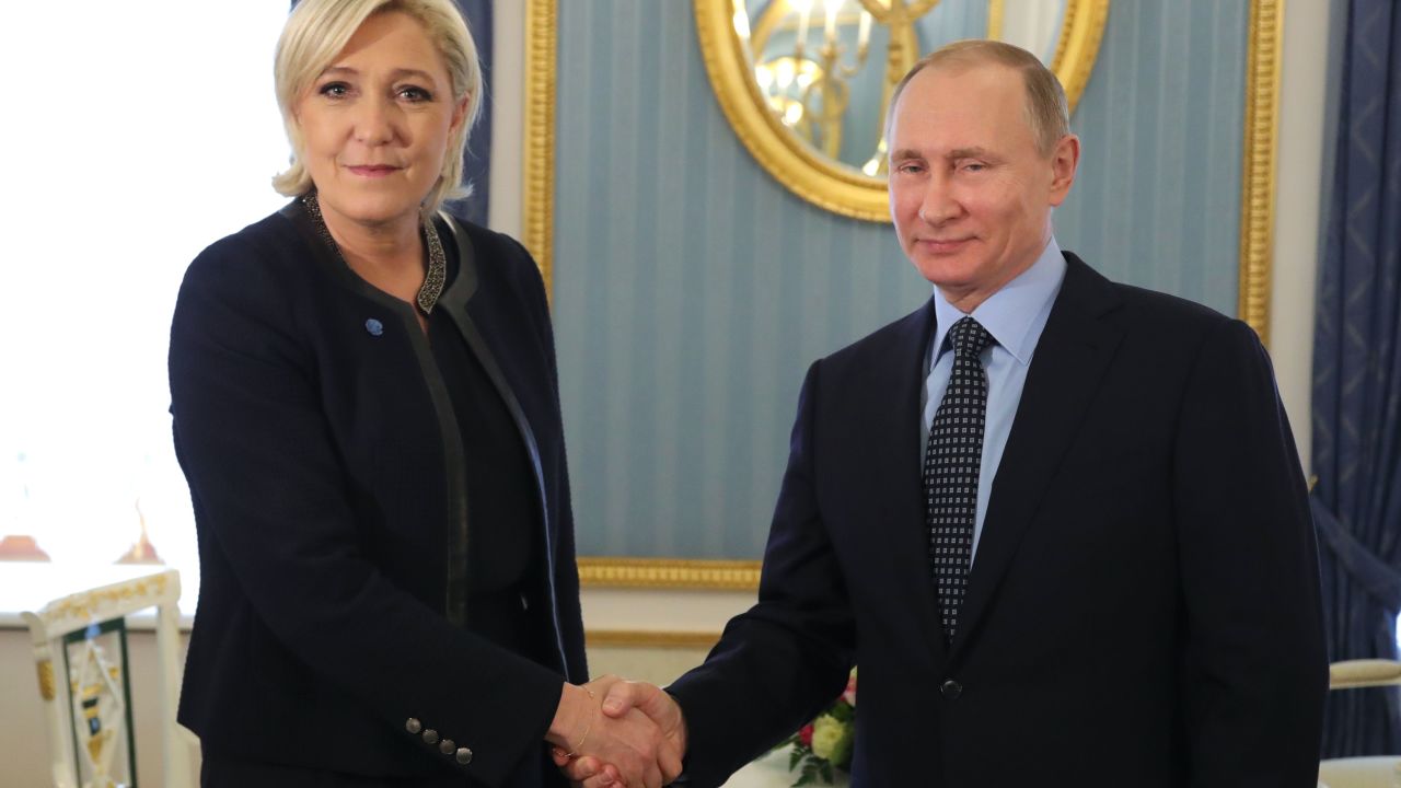 Russian President Vladimir Putin meets with Marine Le Pen at the Kremlin in Moscow on March 24, 2017.