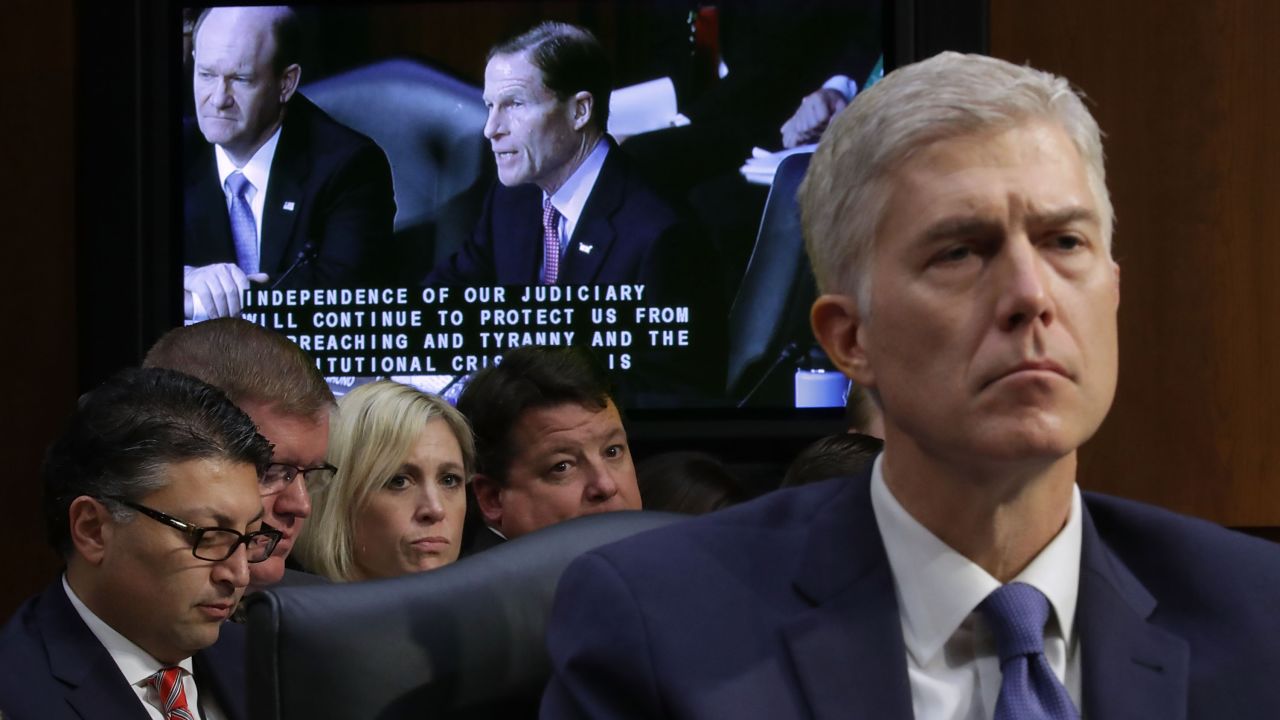 Supreme Court nominee Neil Gorsuch listens to Sen. Richard Blumenthal deliver opening remarks on Capitol Hill on Monday, March 20, during Gorsuch's confirmation hearing before the Senate Judiciary Committee. Monday was the <a href="http://www.cnn.com/2017/03/20/politics/neil-gorsuch-confirmation-hearing/index.html" target="_blank">first day of four hearings</a> for Gorsuch, a federal appeals court judge from Colorado whom Trump has nominated to replace the late Justice Antonin Scalia.