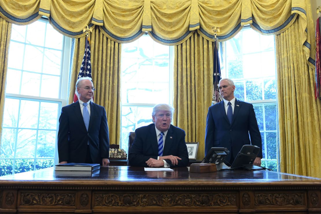 Health and Human Services Secretary Tom Price, left, with US President Donald Trump and Vice President Mike Pence.