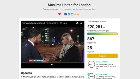 A screenshot of the crowdfunding campaign launched by Muslims in London to raise money for victims of Wednesday's terror attack.
