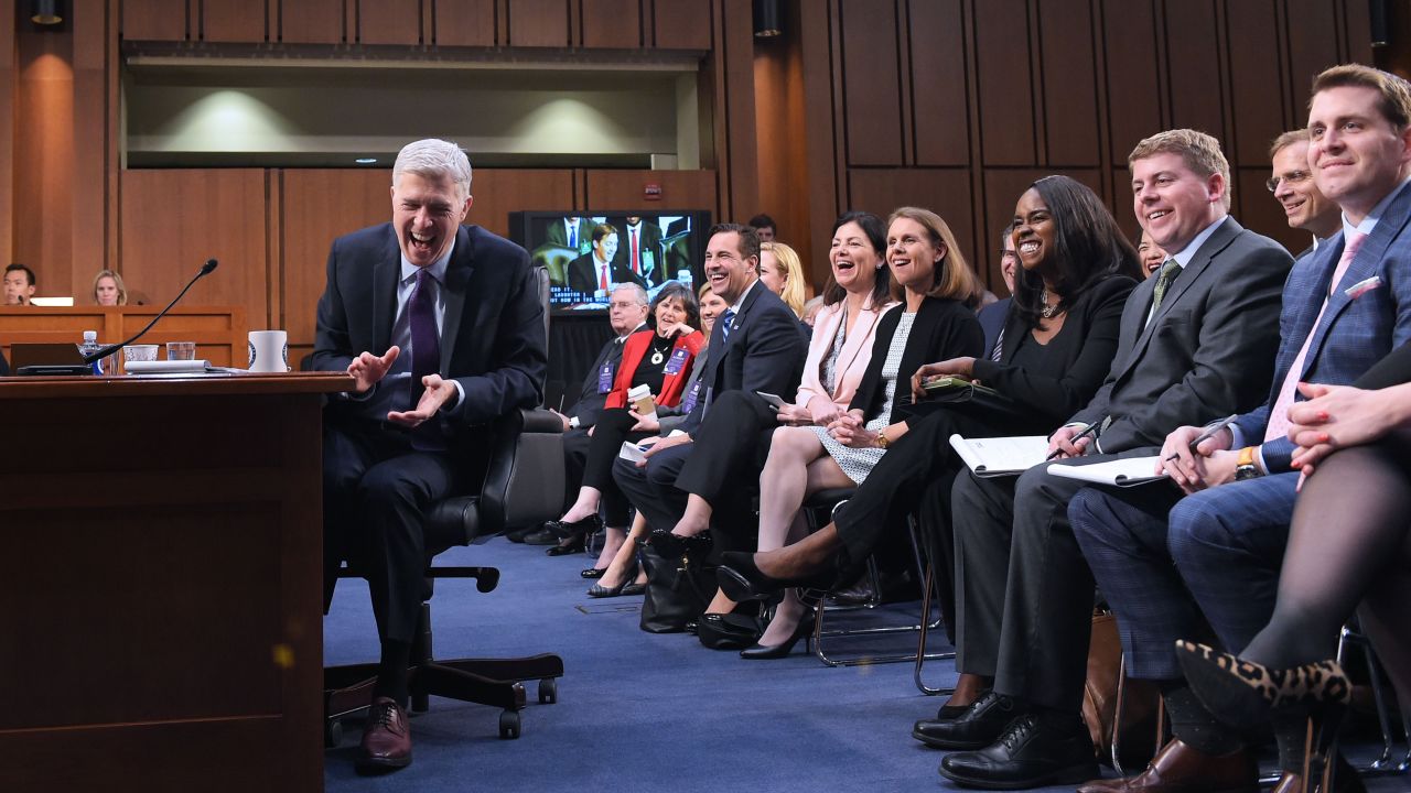 Neil Gorsuch, Supreme Court nominee, laughs at a senator's joke about his lack of bathroom breaks as he testifies before the Senate Judiciary Committee on Capitol Hill on Tuesday, March 21. Gorsuch is President Trump's pick to replace the late Justice Antonin Scalia.