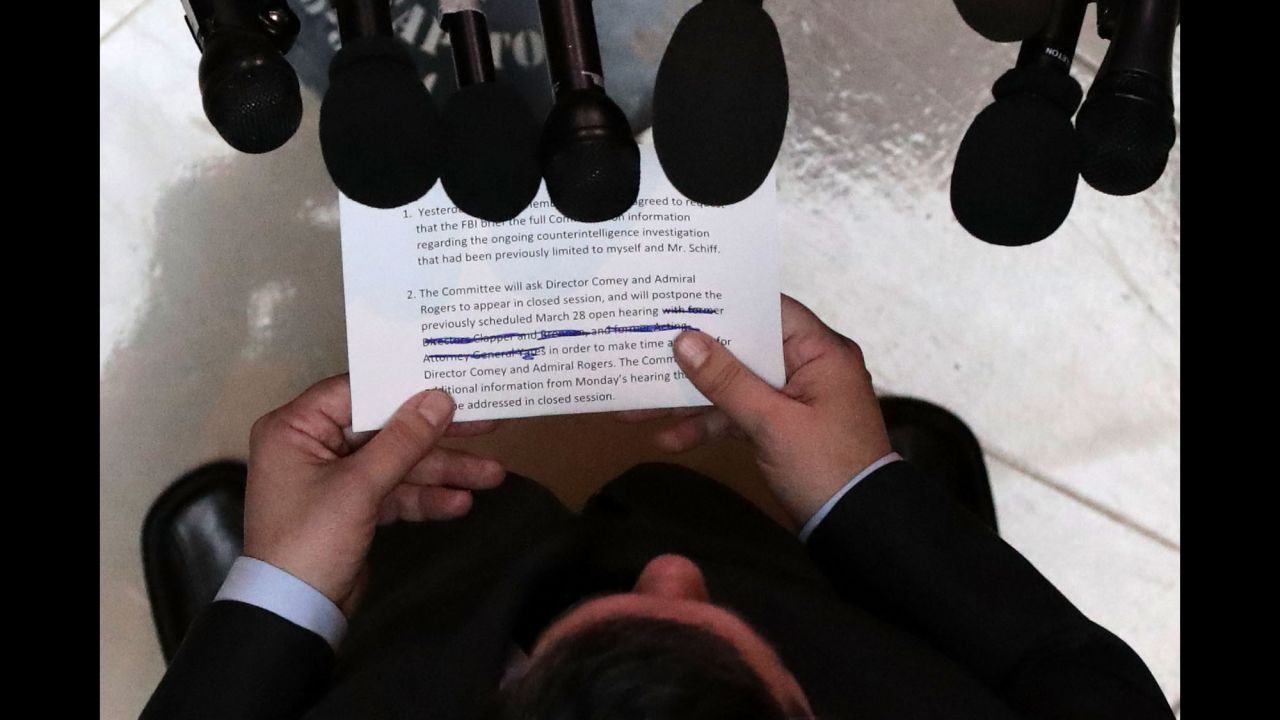 US Rep. Devin Nunes, chairman of the House Intelligence Committee, speaks to the media on Capitol Hill on Friday, March 24. Nunes announced that Paul Manafort, the former campaign chairman for President Trump, has offered to testify before the committee regarding allegations of Russian interference in the election. Nunes said FBI Director James Comey and NSA Director Mike Rogers will <a href="http://www.cnn.com/2017/03/24/politics/devin-nunes-paul-manafort-house-intelligence/index.html" target="_blank">testify again to the committee behind closed doors</a>, and added that the committee will delay its March 28 hearing -- a decision infuriating Democrats on the committee.