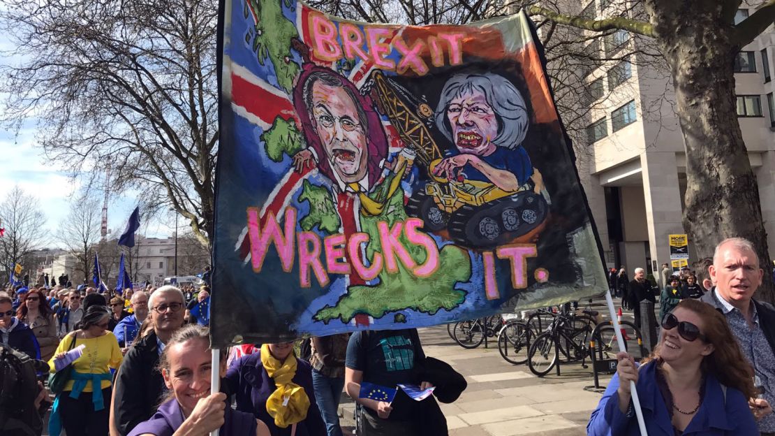 Protesters march Saturday in central London in opposition to the UK's departure from the EU.