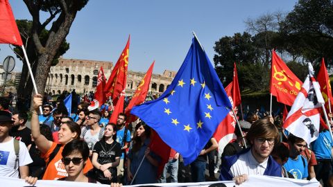 People take part in a pro-Europe demonstration Saturday near the Colosseum in Rome. 
