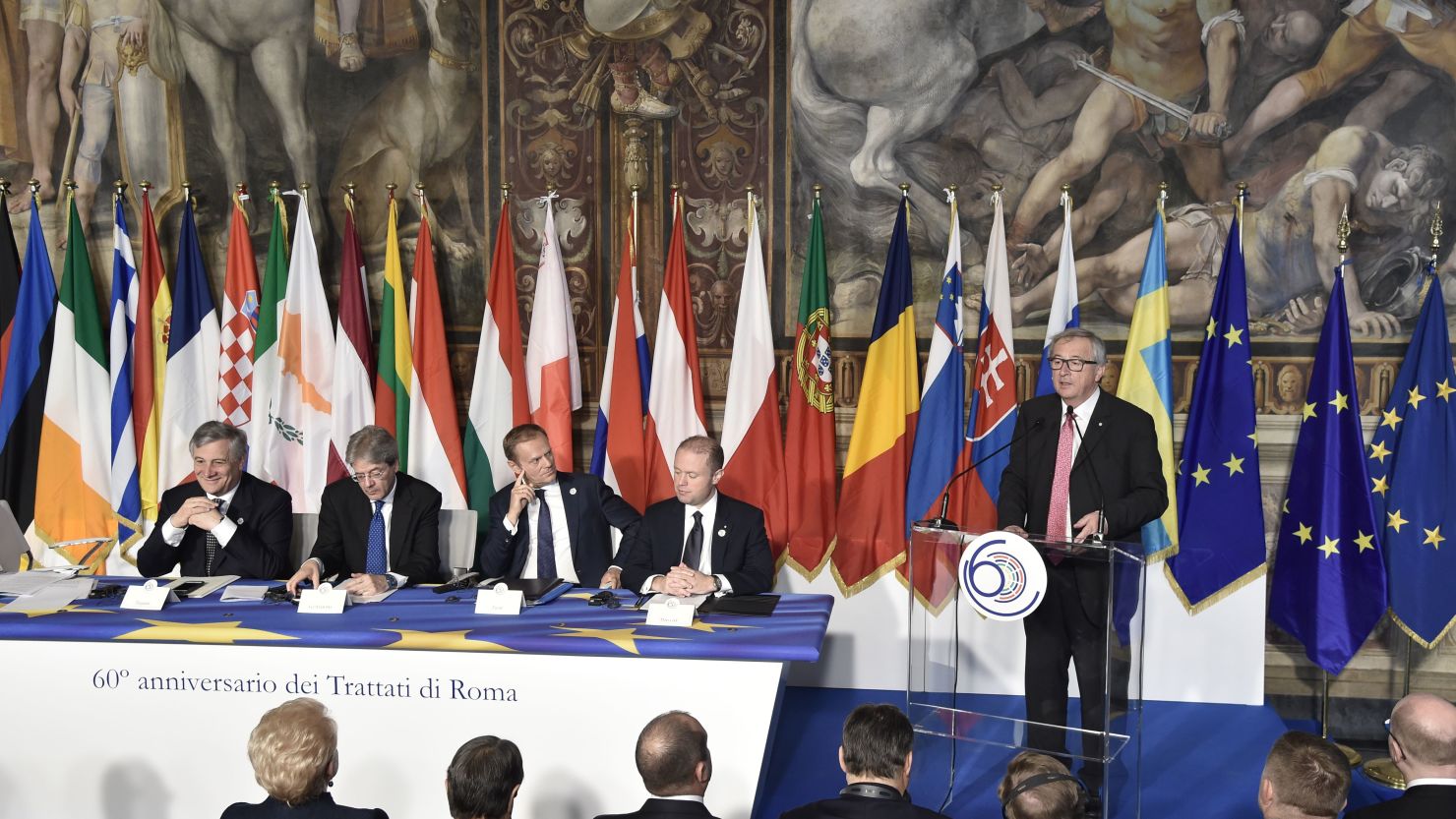 European Commission chief Jean-Claude Juncker addresses a summit of EU leaders Saturday in Rome.
