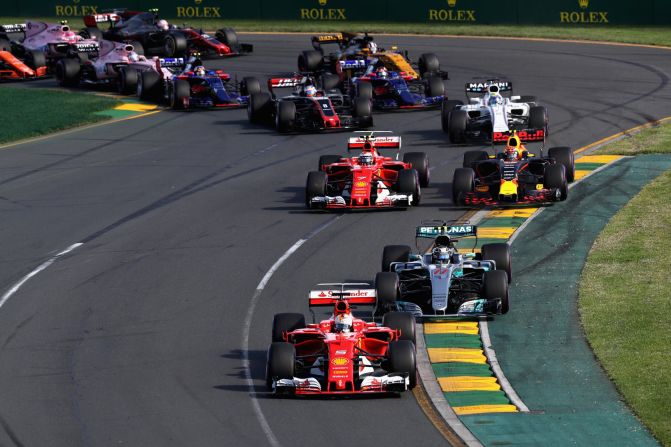 Vettel started second on the grid but overtook race leader Lewis Hamilton of Mercedes after 17 laps.