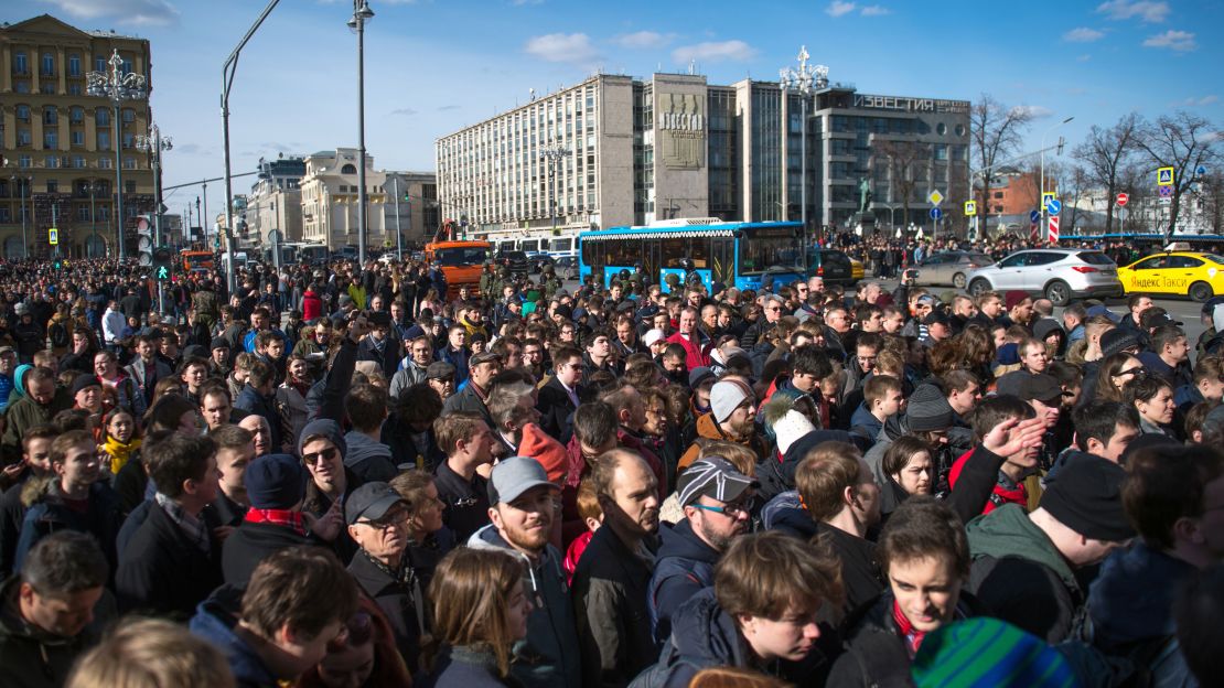 Opposition supporters take part in the anti-corruption rally in central Moscow.