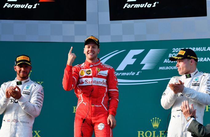 Sebastian Vettel of Ferrari celebrates winning the 2017 F1 Australian Grand Prix.
