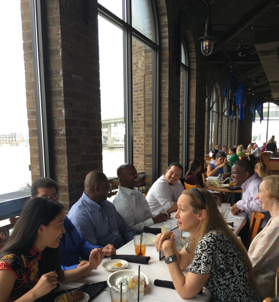 Republican Sen. Tim Scott meets with constituents during a Solution Sunday event in Charleston, South Carolina.