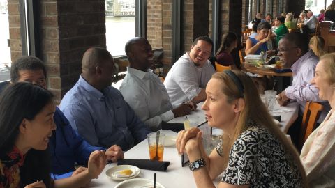 Republican Sen. Tim Scott meets with constituents during a Solution Sunday event in Charleston, South Carolina.