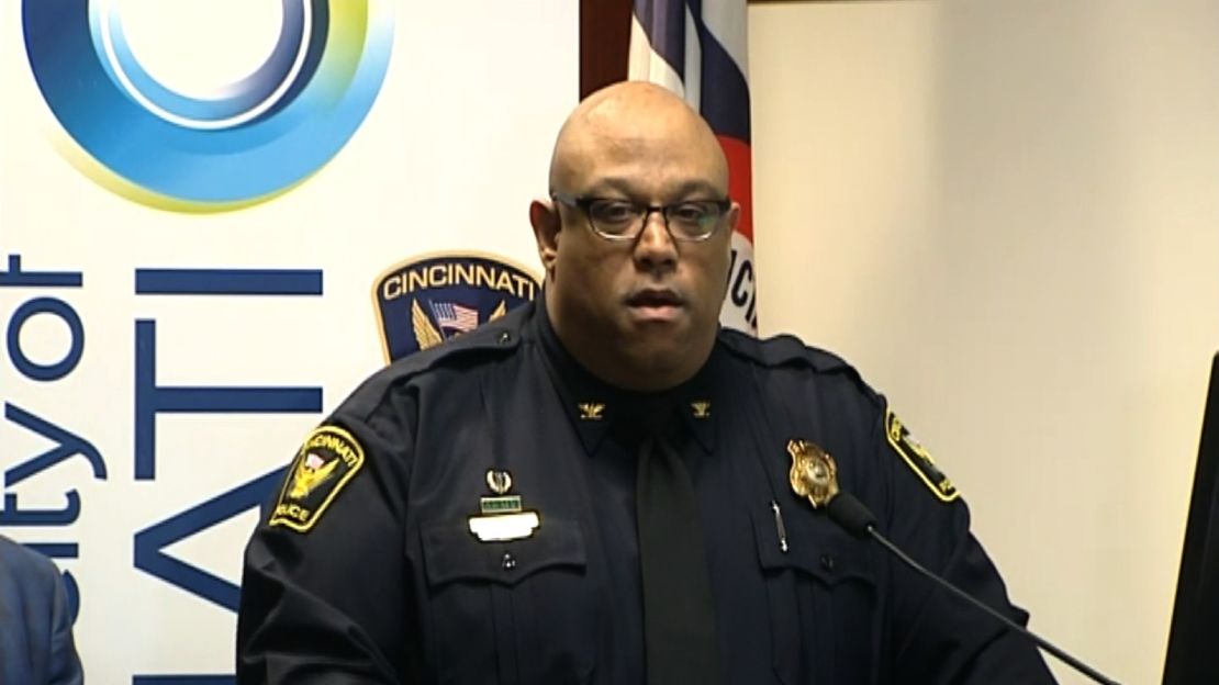 Cincinnati Police Chief Eliot Isaac addresses reporters after Sunday morning's fatal shooting.
